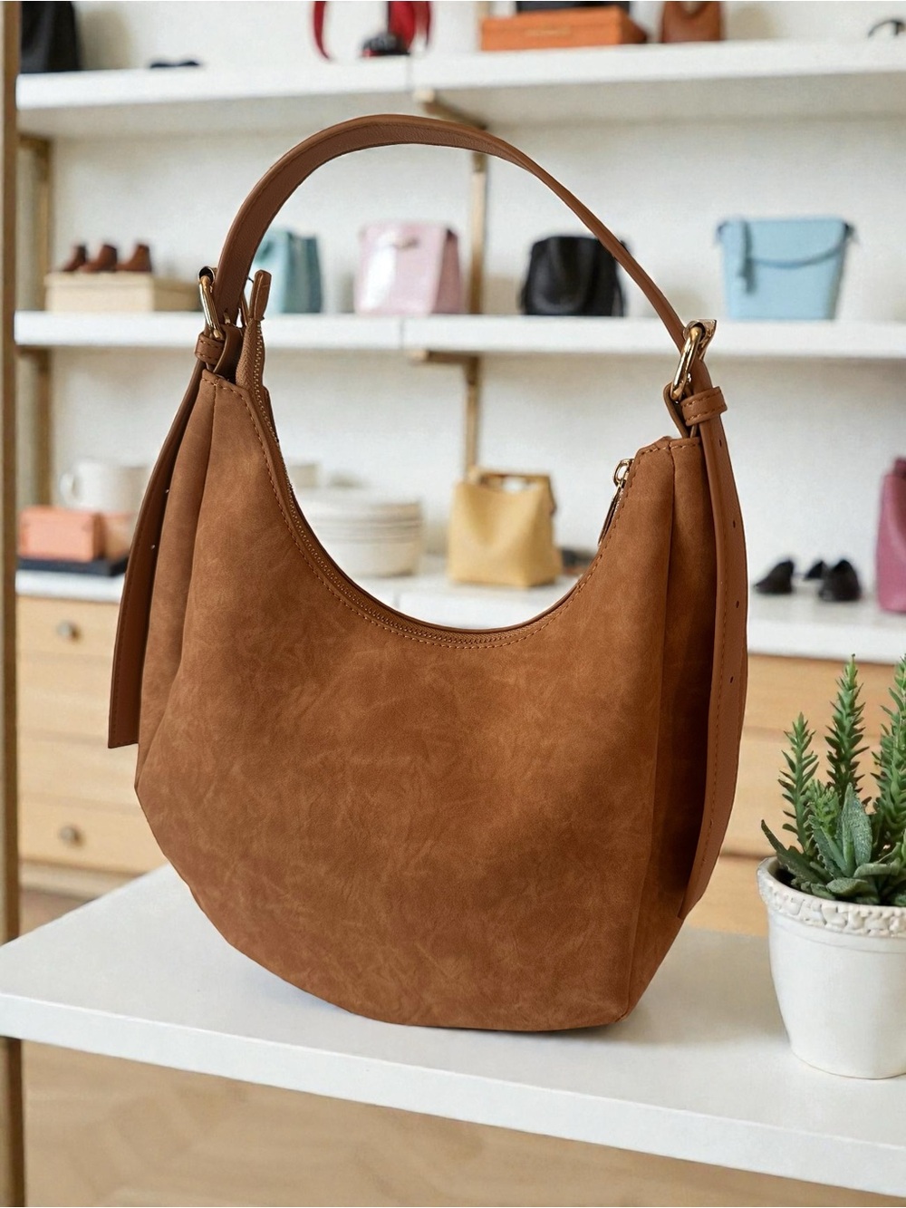 Hobo Shoulder Bag in Tan